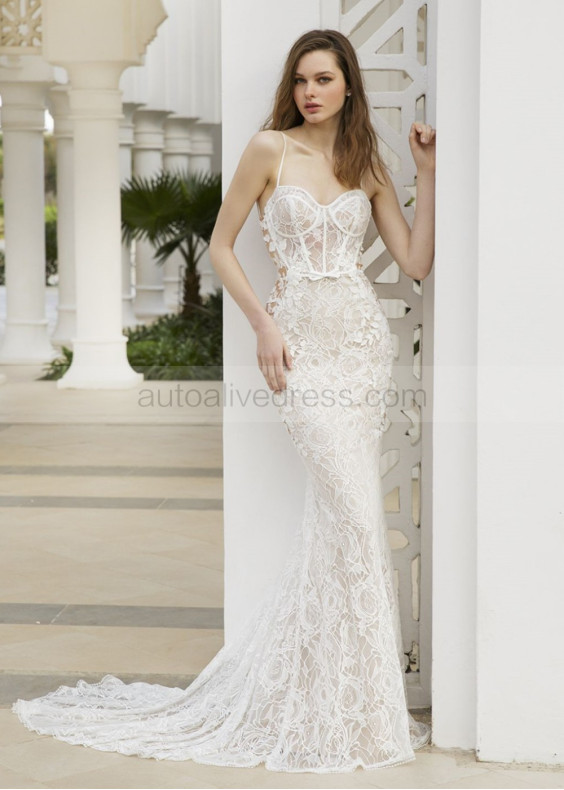 Spaghetti Straps Ivory Floral Lace Tulle Princess Wedding Dress